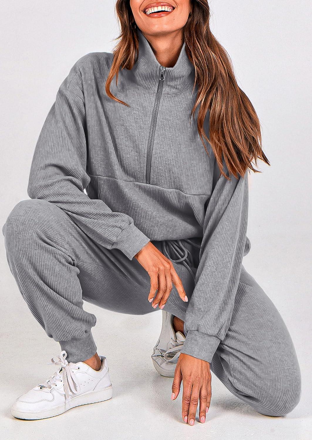 imagePRETTYGARDEN Womens Fall 2 Piece Lounge Sets Zip Up Sweatshirt Jogger Pants Sweat Track Suits Travel Outfit Winter ClothingGrey