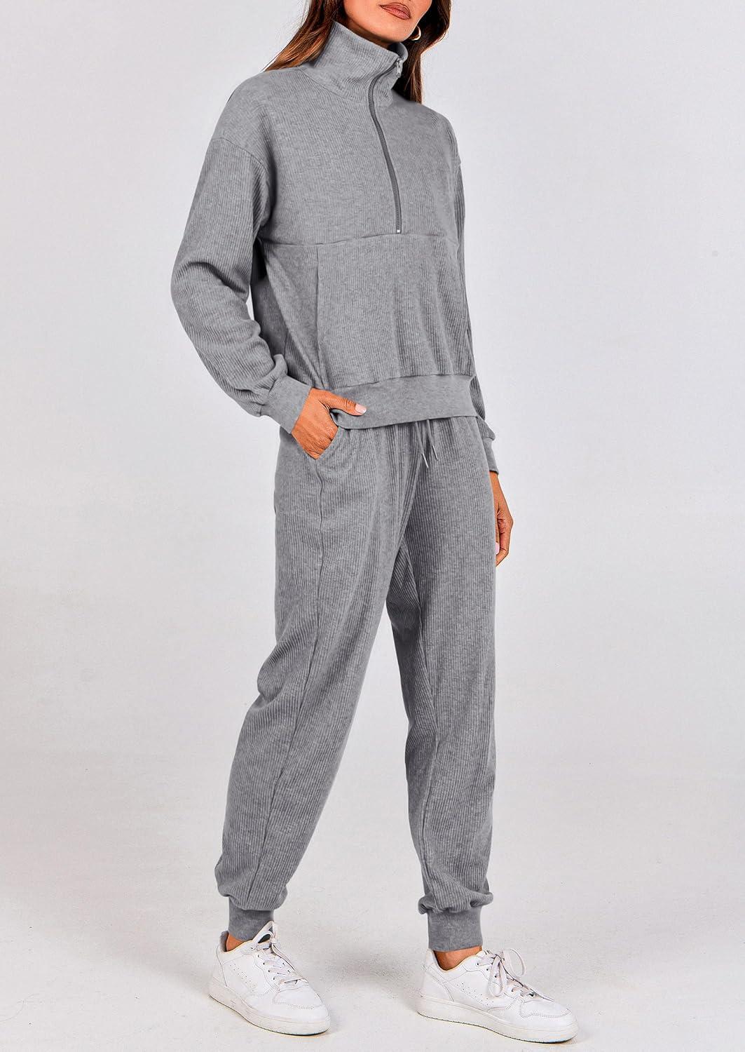imagePRETTYGARDEN Womens Fall 2 Piece Lounge Sets Zip Up Sweatshirt Jogger Pants Sweat Track Suits Travel Outfit Winter ClothingGrey