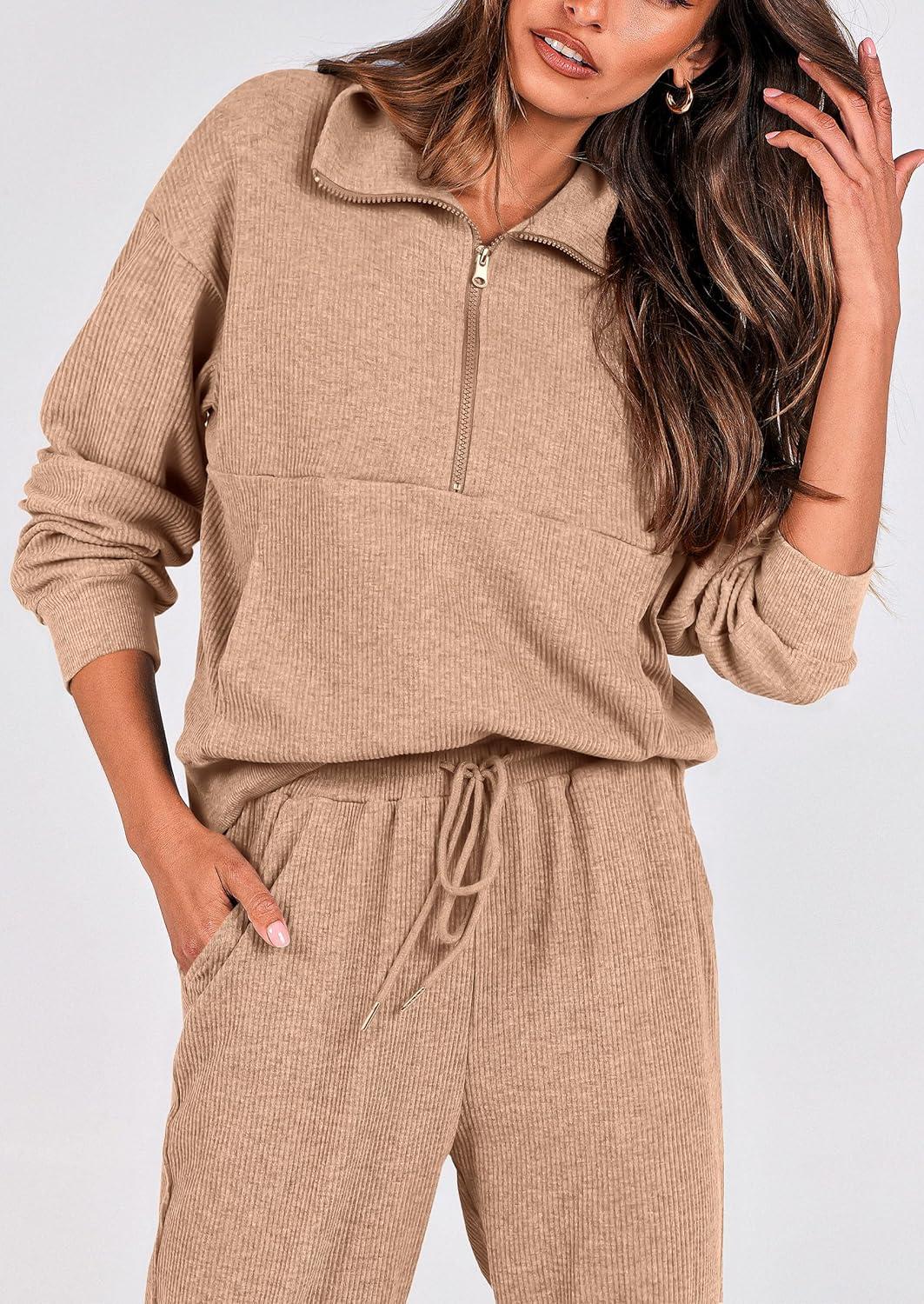 imagePRETTYGARDEN Womens Fall 2 Piece Lounge Sets Zip Up Sweatshirt Jogger Pants Sweat Track Suits Travel Outfit Winter ClothingKhaki