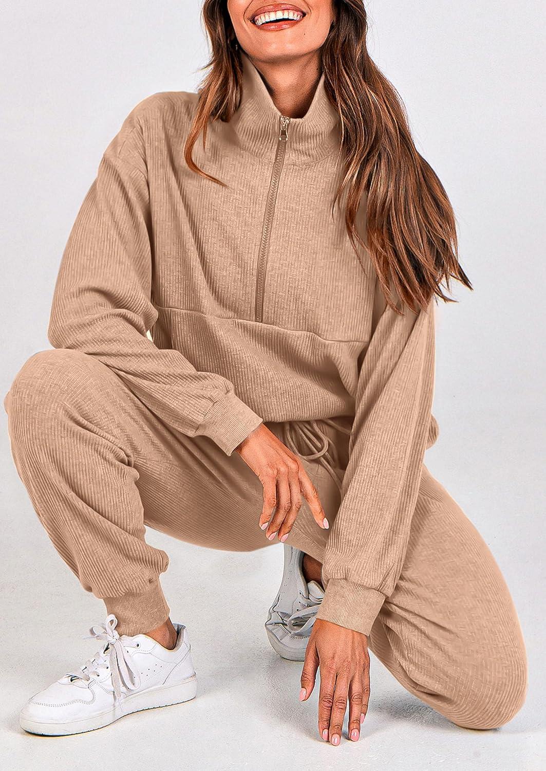 imagePRETTYGARDEN Womens Fall 2 Piece Lounge Sets Zip Up Sweatshirt Jogger Pants Sweat Track Suits Travel Outfit Winter ClothingKhaki