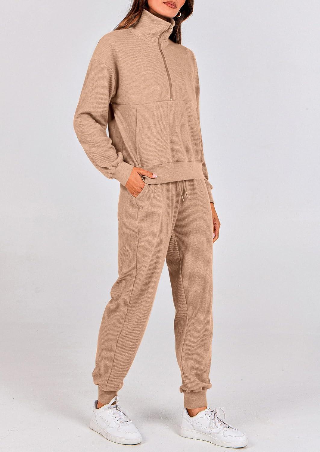 imagePRETTYGARDEN Womens Fall 2 Piece Lounge Sets Zip Up Sweatshirt Jogger Pants Sweat Track Suits Travel Outfit Winter ClothingKhaki