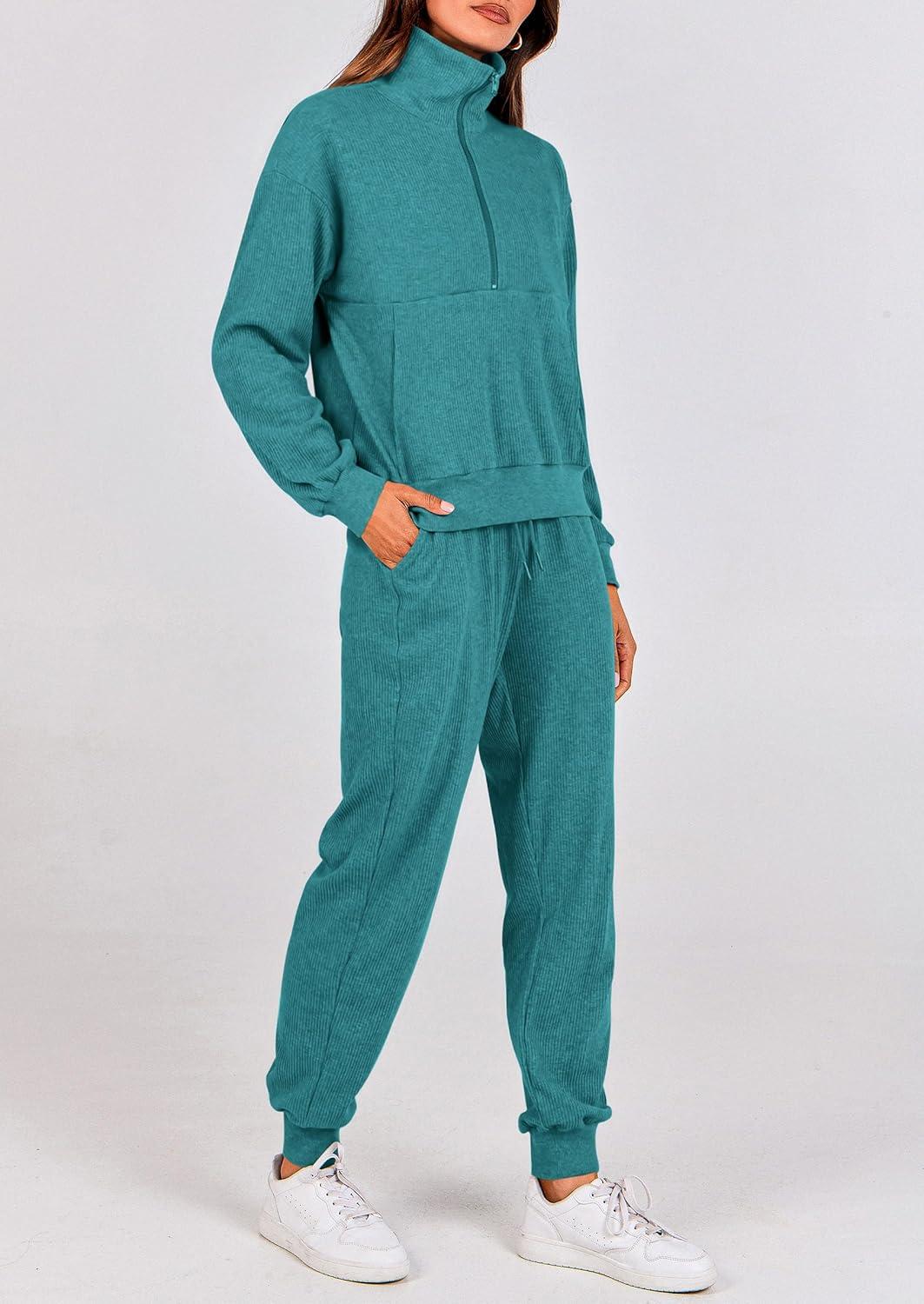 imagePRETTYGARDEN Womens Fall 2 Piece Lounge Sets Zip Up Sweatshirt Jogger Pants Sweat Track Suits Travel Outfit Winter ClothingLake Blue