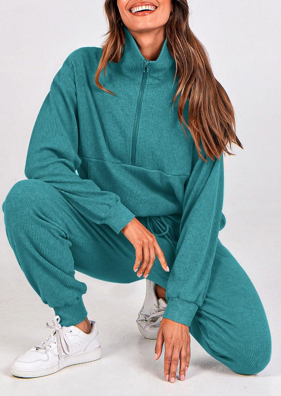 imagePRETTYGARDEN Womens Fall 2 Piece Lounge Sets Zip Up Sweatshirt Jogger Pants Sweat Track Suits Travel Outfit Winter ClothingLake Blue