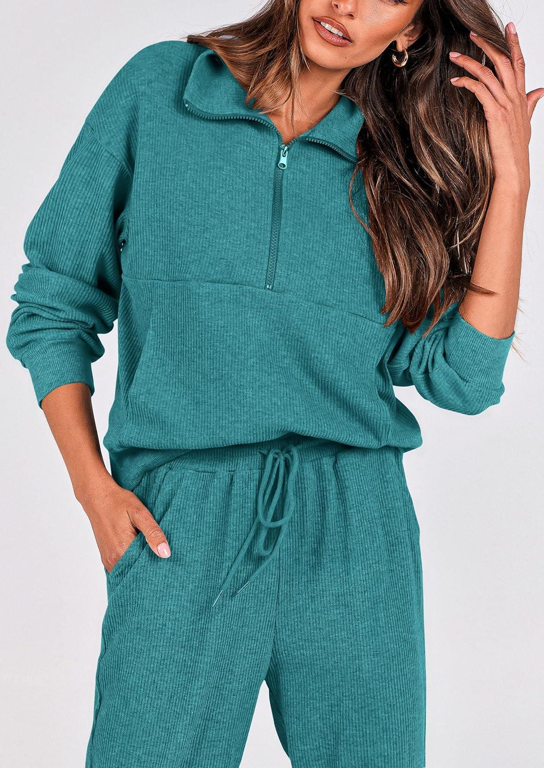 imagePRETTYGARDEN Womens Fall 2 Piece Lounge Sets Zip Up Sweatshirt Jogger Pants Sweat Track Suits Travel Outfit Winter ClothingLake Blue