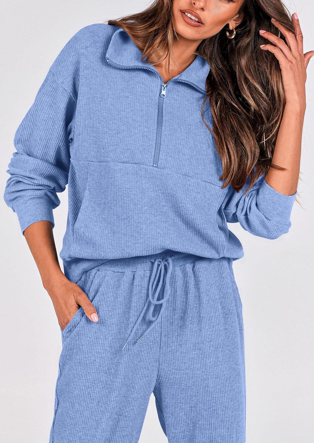 imagePRETTYGARDEN Womens Fall 2 Piece Lounge Sets Zip Up Sweatshirt Jogger Pants Sweat Track Suits Travel Outfit Winter ClothingLight Blue
