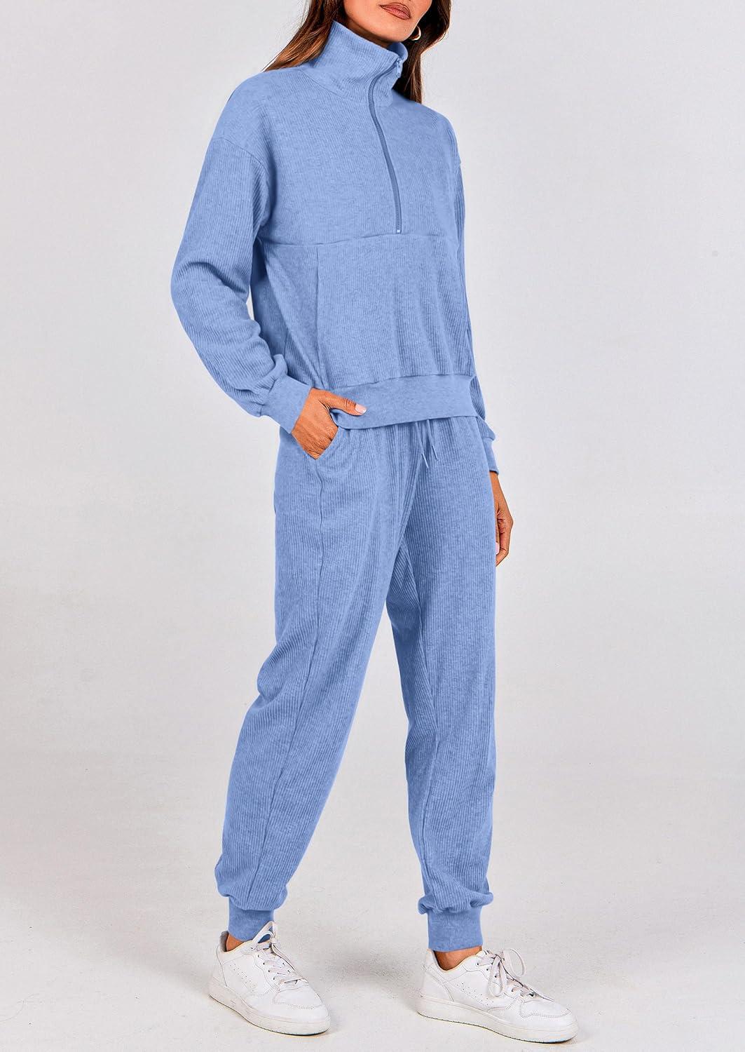 imagePRETTYGARDEN Womens Fall 2 Piece Lounge Sets Zip Up Sweatshirt Jogger Pants Sweat Track Suits Travel Outfit Winter ClothingLight Blue