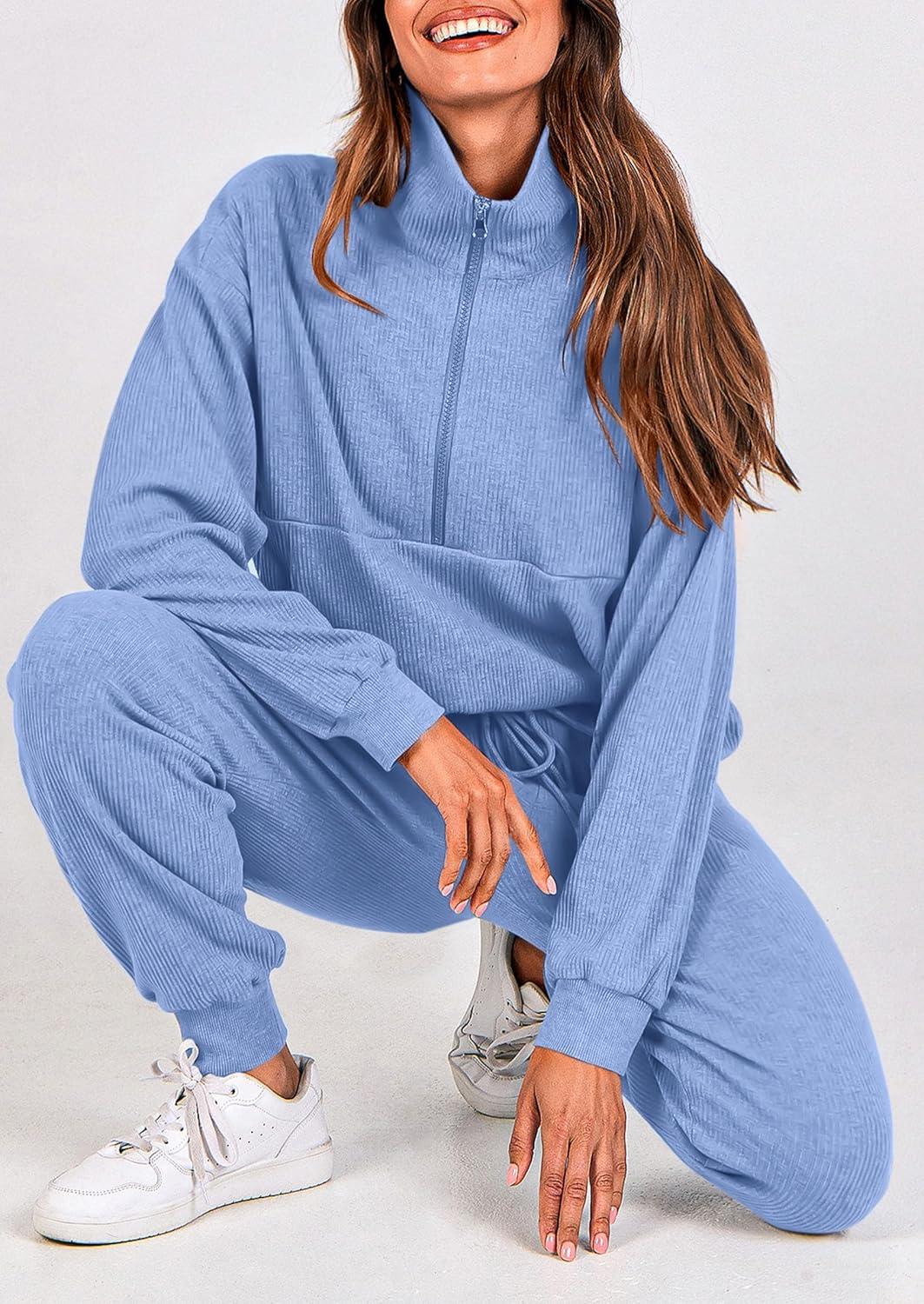 imagePRETTYGARDEN Womens Fall 2 Piece Lounge Sets Zip Up Sweatshirt Jogger Pants Sweat Track Suits Travel Outfit Winter ClothingLight Blue