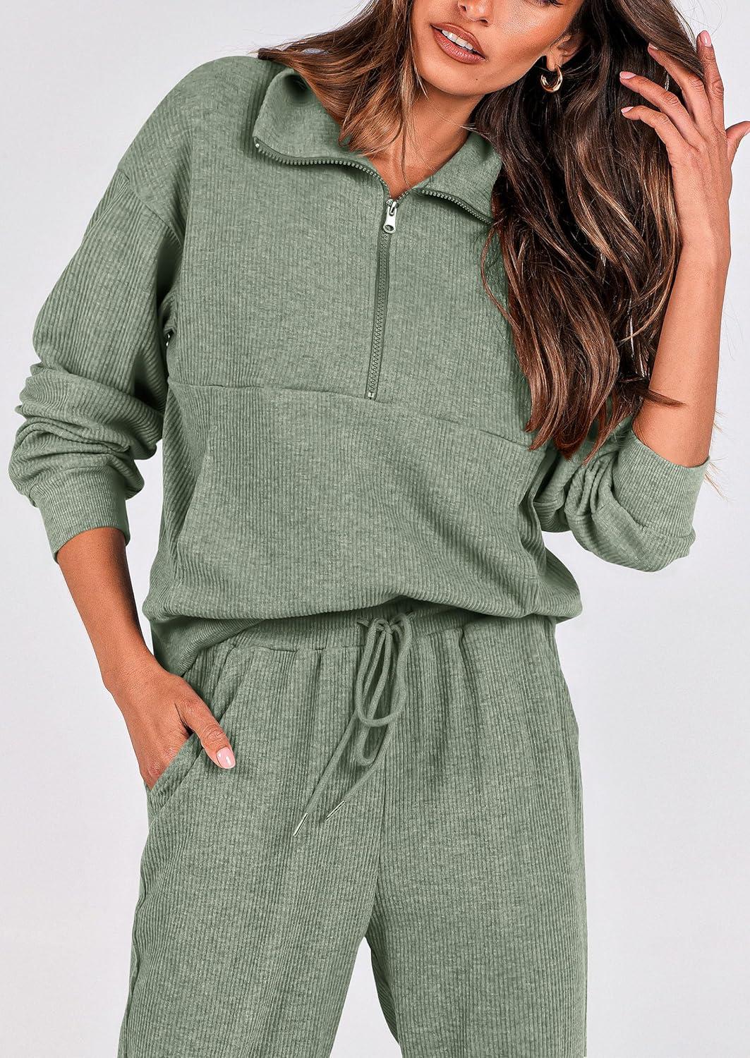 imagePRETTYGARDEN Womens Fall 2 Piece Lounge Sets Zip Up Sweatshirt Jogger Pants Sweat Track Suits Travel Outfit Winter ClothingLight Green