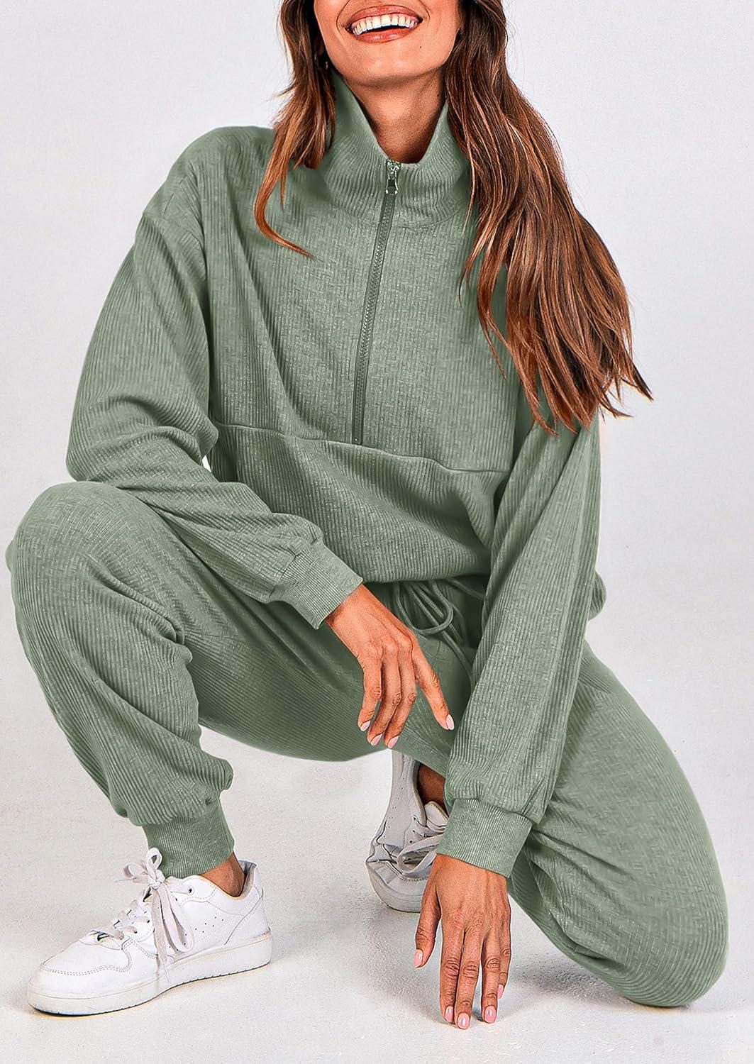 imagePRETTYGARDEN Womens Fall 2 Piece Lounge Sets Zip Up Sweatshirt Jogger Pants Sweat Track Suits Travel Outfit Winter ClothingLight Green