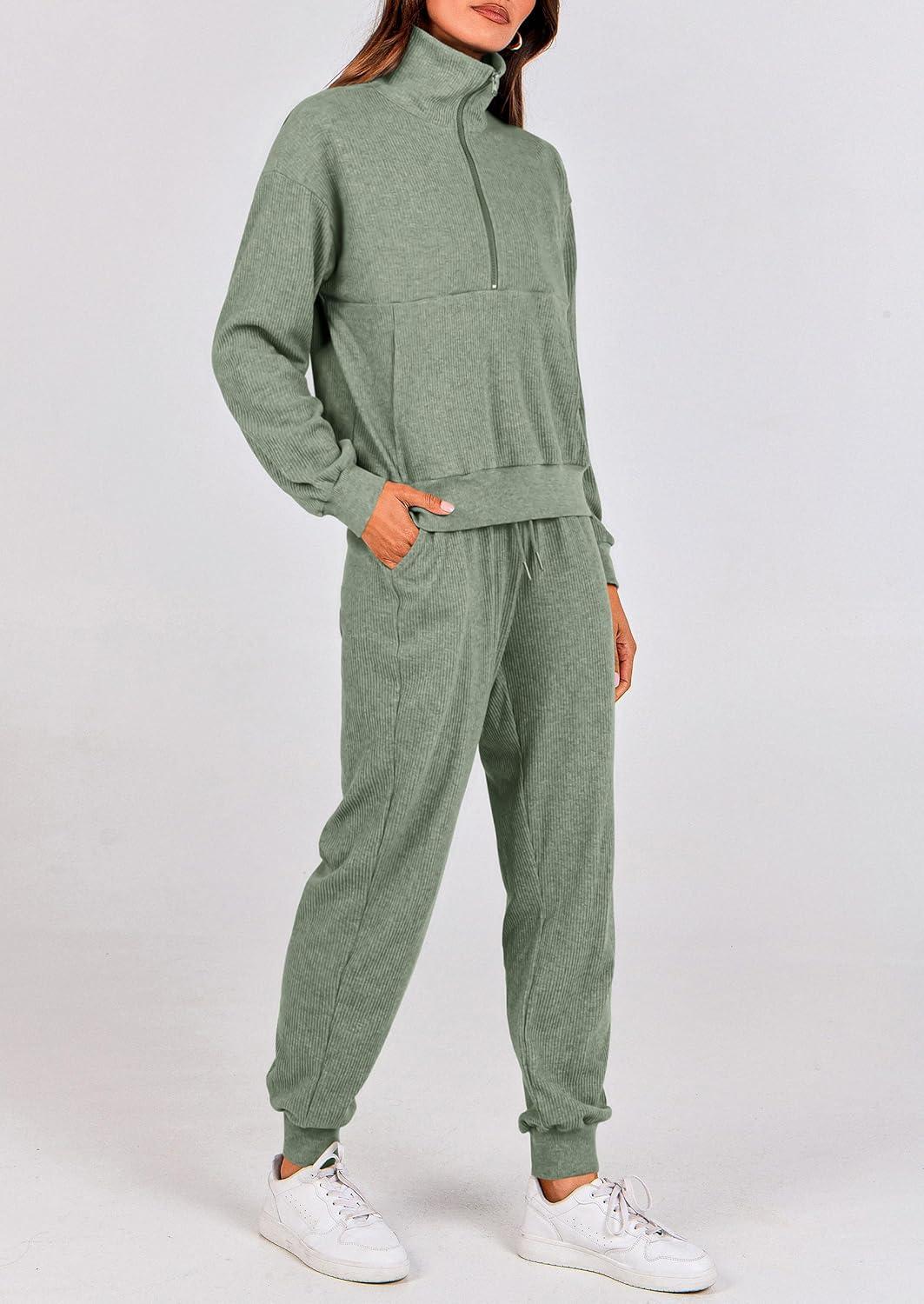 imagePRETTYGARDEN Womens Fall 2 Piece Lounge Sets Zip Up Sweatshirt Jogger Pants Sweat Track Suits Travel Outfit Winter ClothingLight Green