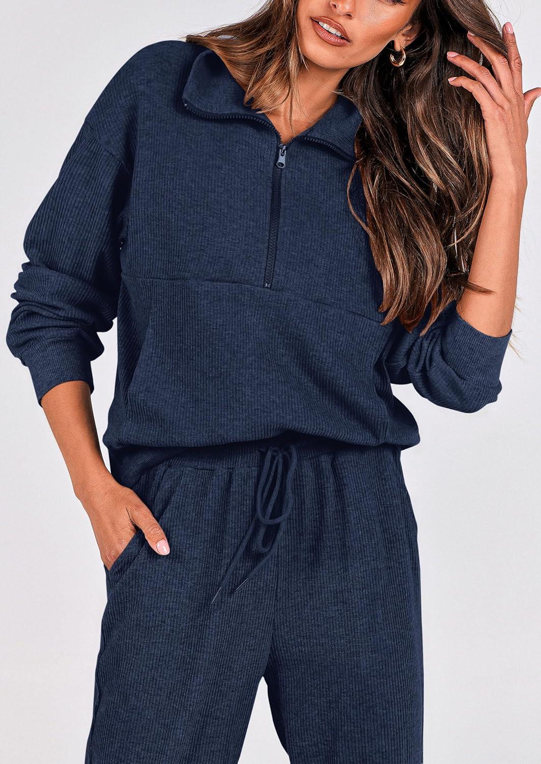 imagePRETTYGARDEN Womens Fall 2 Piece Lounge Sets Zip Up Sweatshirt Jogger Pants Sweat Track Suits Travel Outfit Winter ClothingNavy