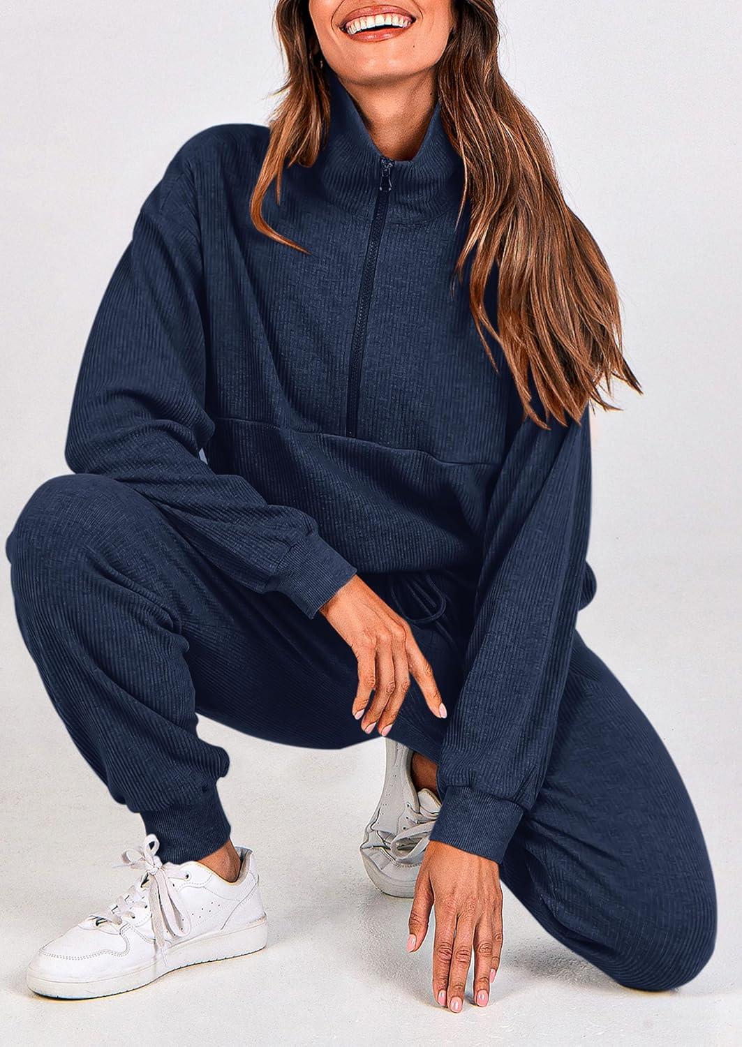 imagePRETTYGARDEN Womens Fall 2 Piece Lounge Sets Zip Up Sweatshirt Jogger Pants Sweat Track Suits Travel Outfit Winter ClothingNavy