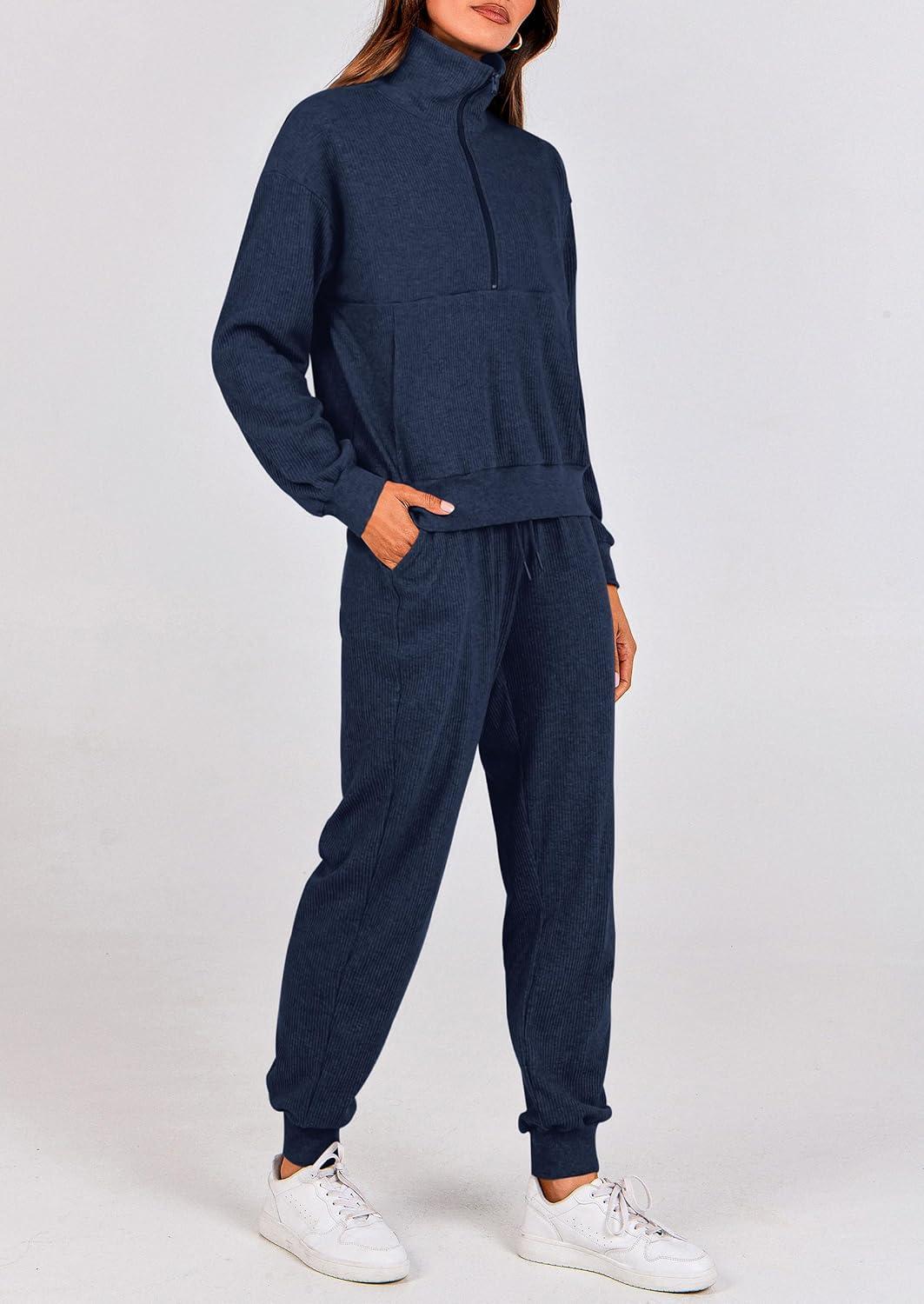 imagePRETTYGARDEN Womens Fall 2 Piece Lounge Sets Zip Up Sweatshirt Jogger Pants Sweat Track Suits Travel Outfit Winter ClothingNavy