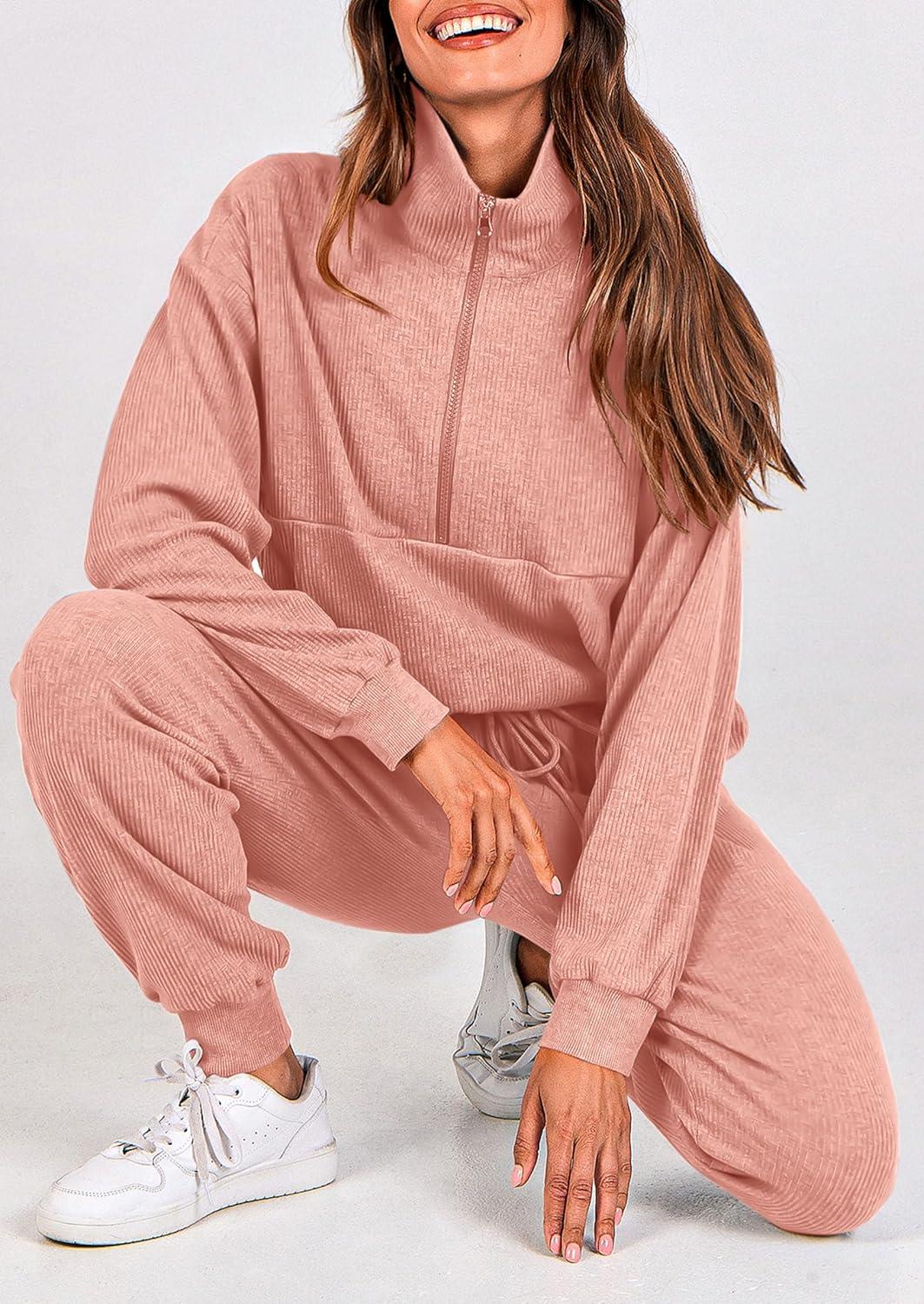 imagePRETTYGARDEN Womens Fall 2 Piece Lounge Sets Zip Up Sweatshirt Jogger Pants Sweat Track Suits Travel Outfit Winter ClothingPink