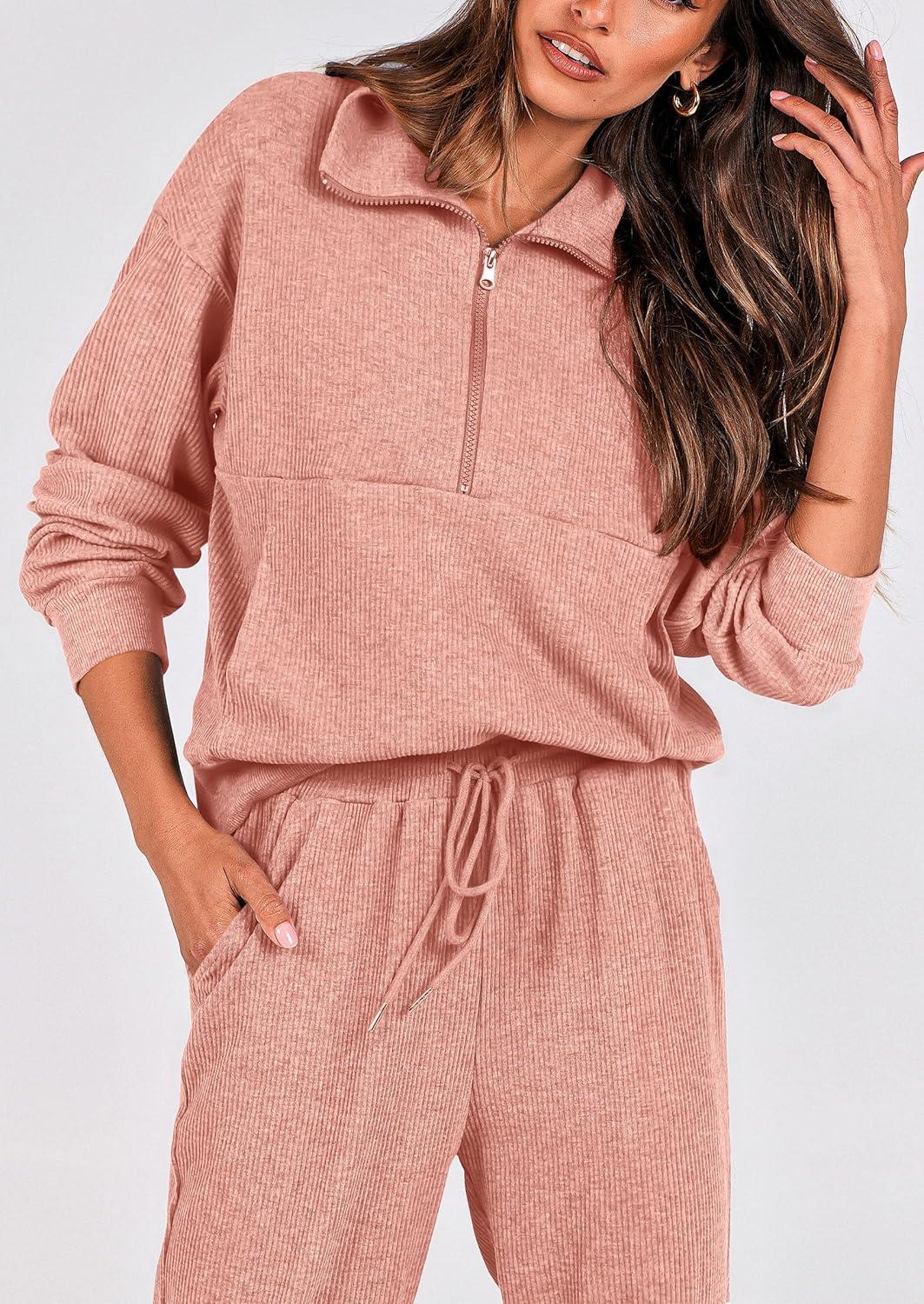 imagePRETTYGARDEN Womens Fall 2 Piece Lounge Sets Zip Up Sweatshirt Jogger Pants Sweat Track Suits Travel Outfit Winter ClothingPink