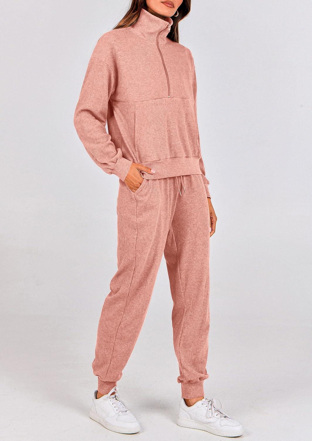 imagePRETTYGARDEN Womens Fall 2 Piece Lounge Sets Zip Up Sweatshirt Jogger Pants Sweat Track Suits Travel Outfit Winter ClothingPink