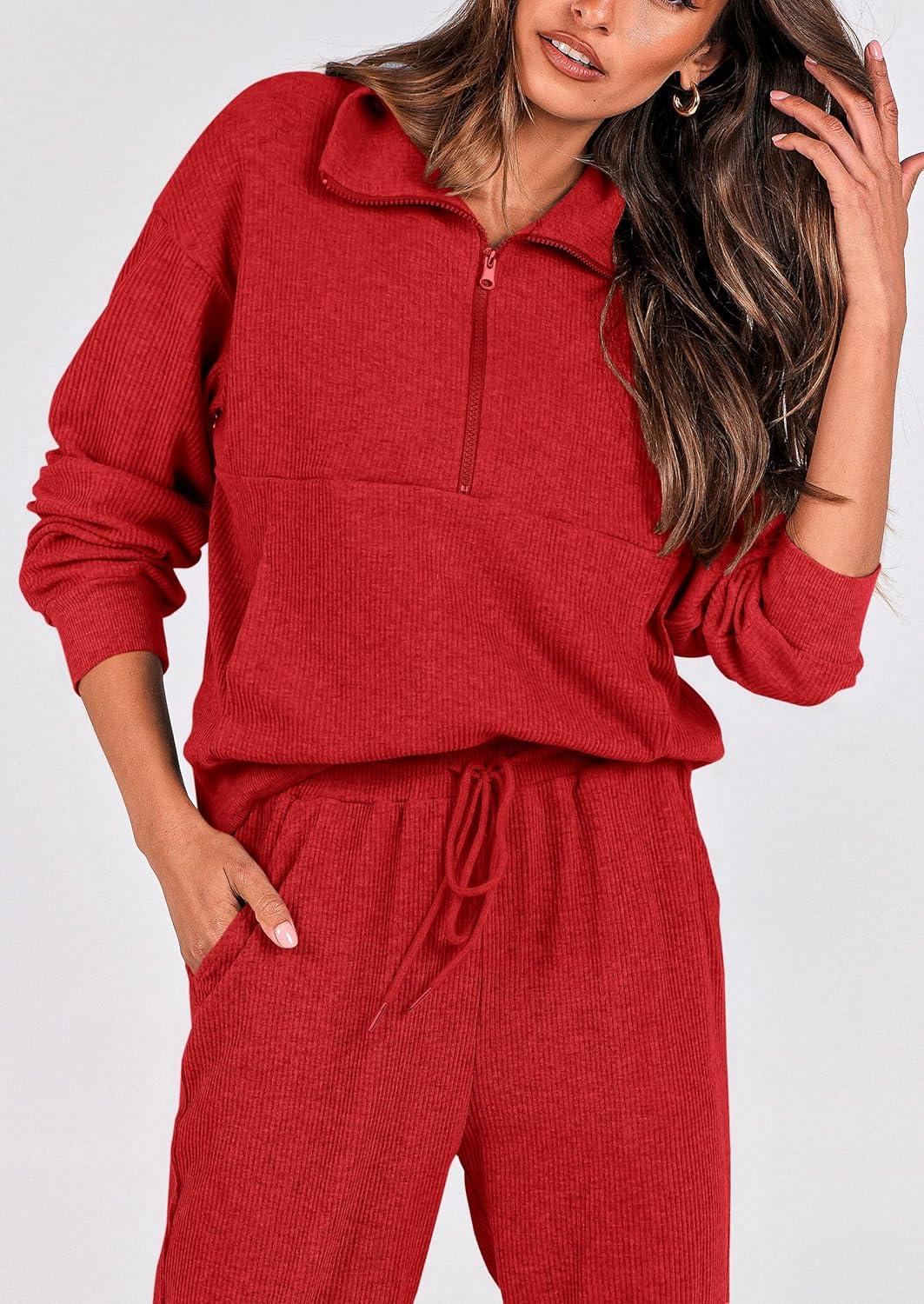 imagePRETTYGARDEN Womens Fall 2 Piece Lounge Sets Zip Up Sweatshirt Jogger Pants Sweat Track Suits Travel Outfit Winter ClothingRed