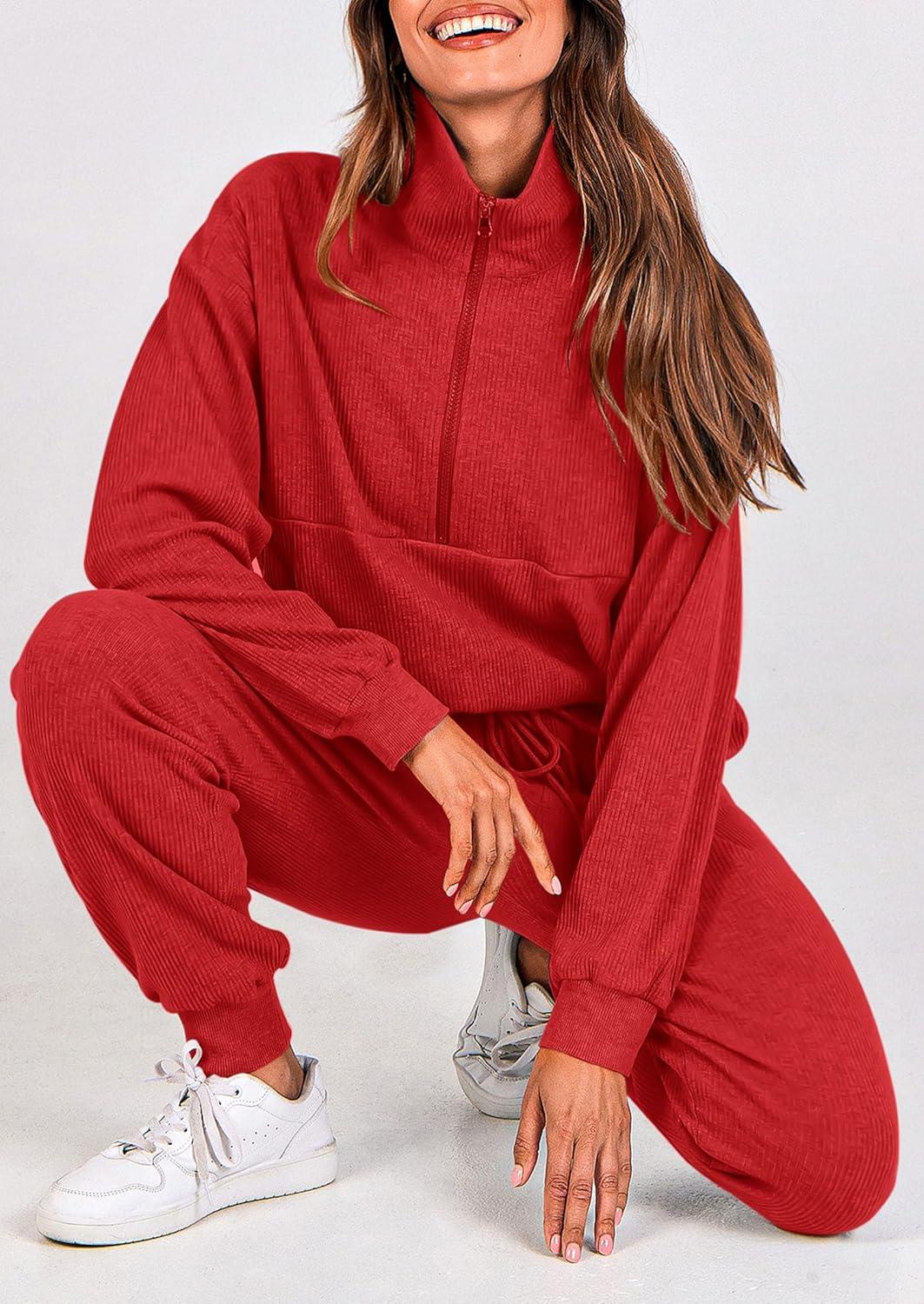 imagePRETTYGARDEN Womens Fall 2 Piece Lounge Sets Zip Up Sweatshirt Jogger Pants Sweat Track Suits Travel Outfit Winter ClothingRed