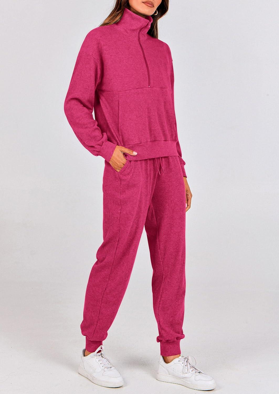 imagePRETTYGARDEN Womens Fall 2 Piece Lounge Sets Zip Up Sweatshirt Jogger Pants Sweat Track Suits Travel Outfit Winter ClothingRose Red