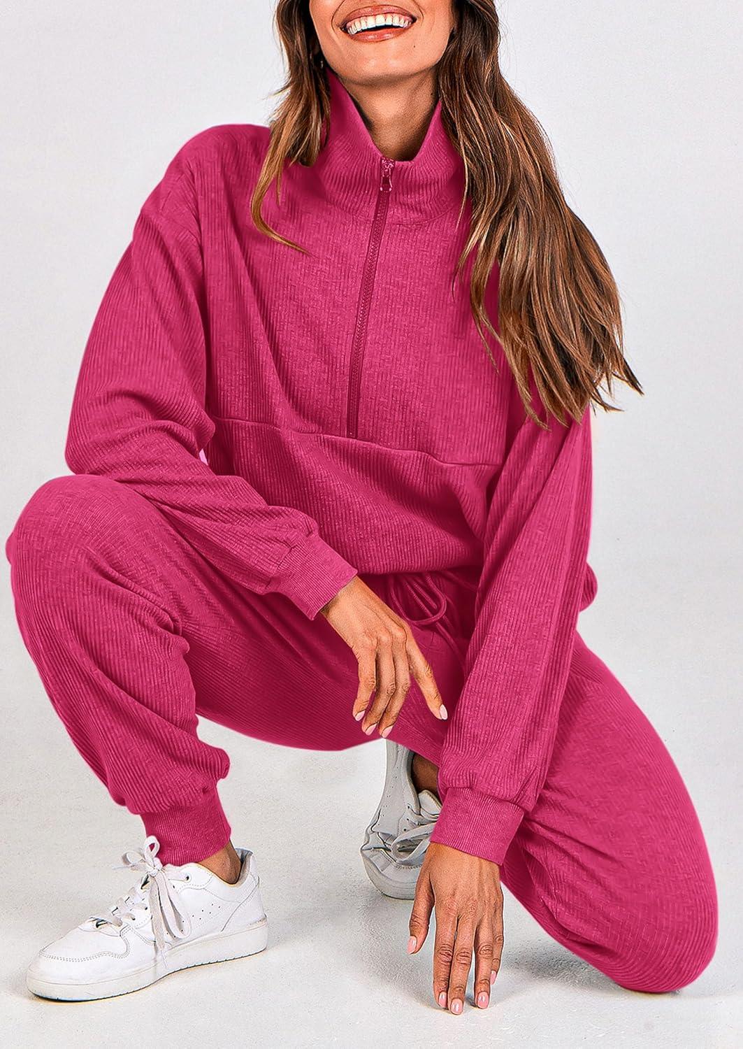 imagePRETTYGARDEN Womens Fall 2 Piece Lounge Sets Zip Up Sweatshirt Jogger Pants Sweat Track Suits Travel Outfit Winter ClothingRose Red