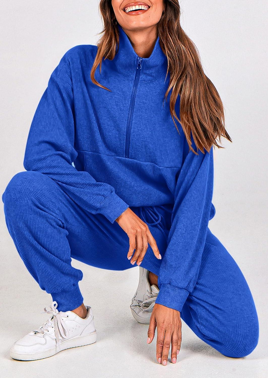 imagePRETTYGARDEN Womens Fall 2 Piece Lounge Sets Zip Up Sweatshirt Jogger Pants Sweat Track Suits Travel Outfit Winter ClothingRoyal Blue