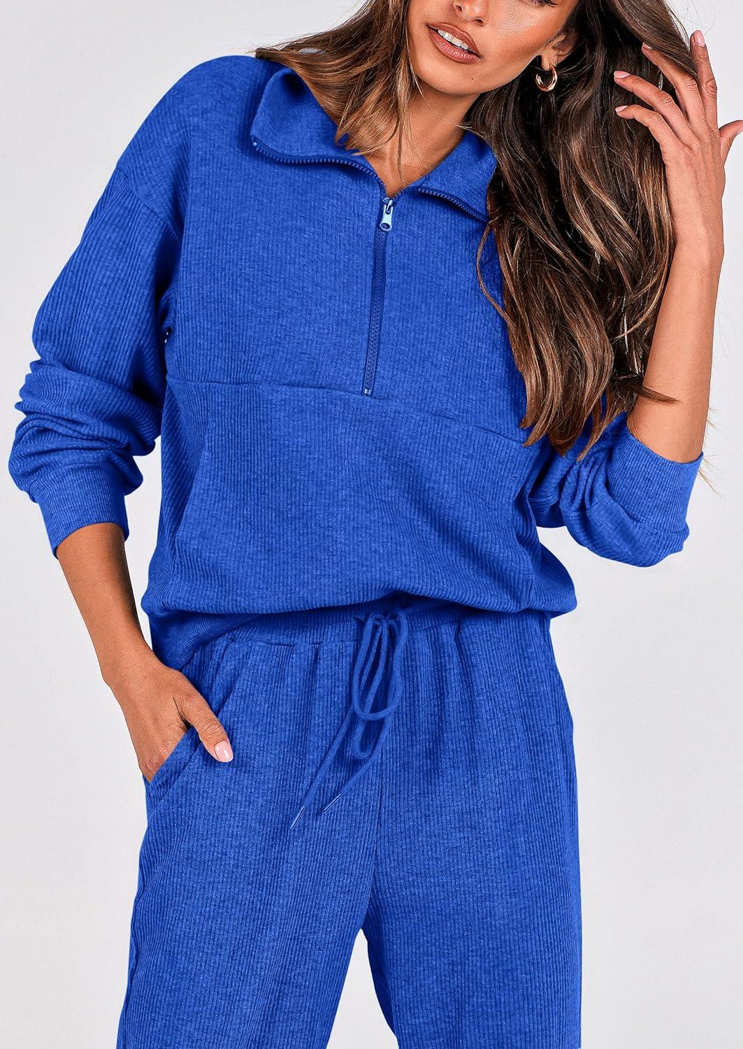 imagePRETTYGARDEN Womens Fall 2 Piece Lounge Sets Zip Up Sweatshirt Jogger Pants Sweat Track Suits Travel Outfit Winter ClothingRoyal Blue