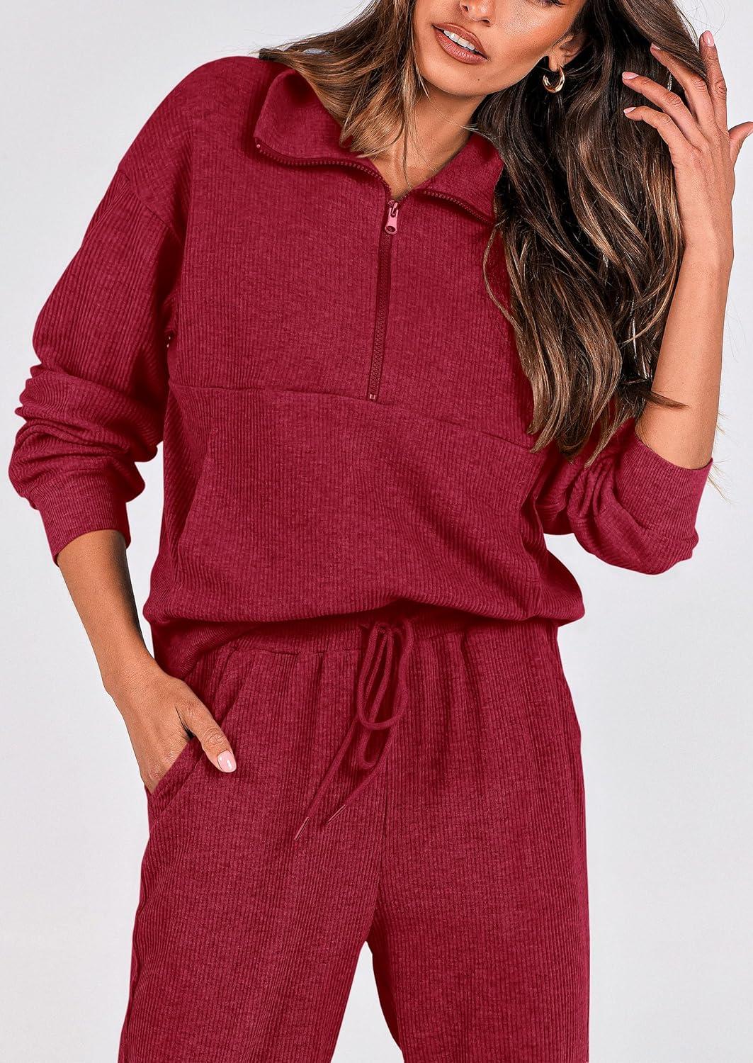 imagePRETTYGARDEN Womens Fall 2 Piece Lounge Sets Zip Up Sweatshirt Jogger Pants Sweat Track Suits Travel Outfit Winter ClothingWine Red