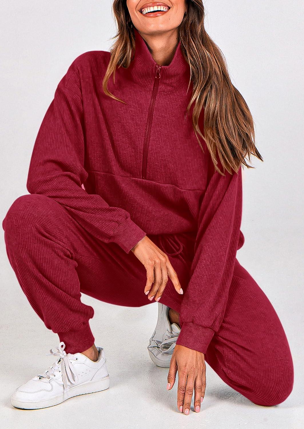 imagePRETTYGARDEN Womens Fall 2 Piece Lounge Sets Zip Up Sweatshirt Jogger Pants Sweat Track Suits Travel Outfit Winter ClothingWine Red