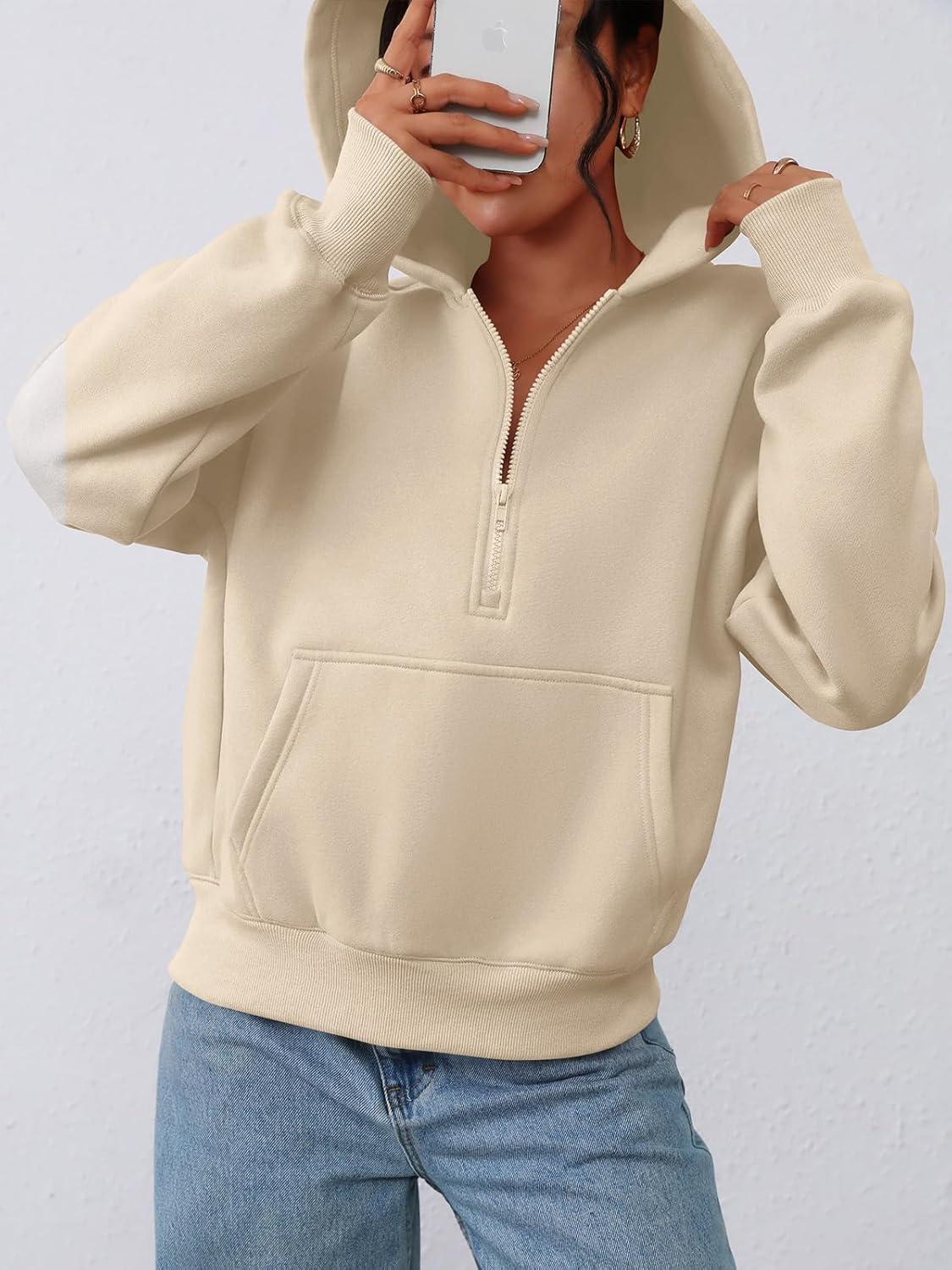 imagePRETTYGARDEN Womens Half Zip Up Hoodies 2025 Fall Long Sleeve Cropped Pullover Oversized Sweatshirt Fashion Y2K ClothesBeige