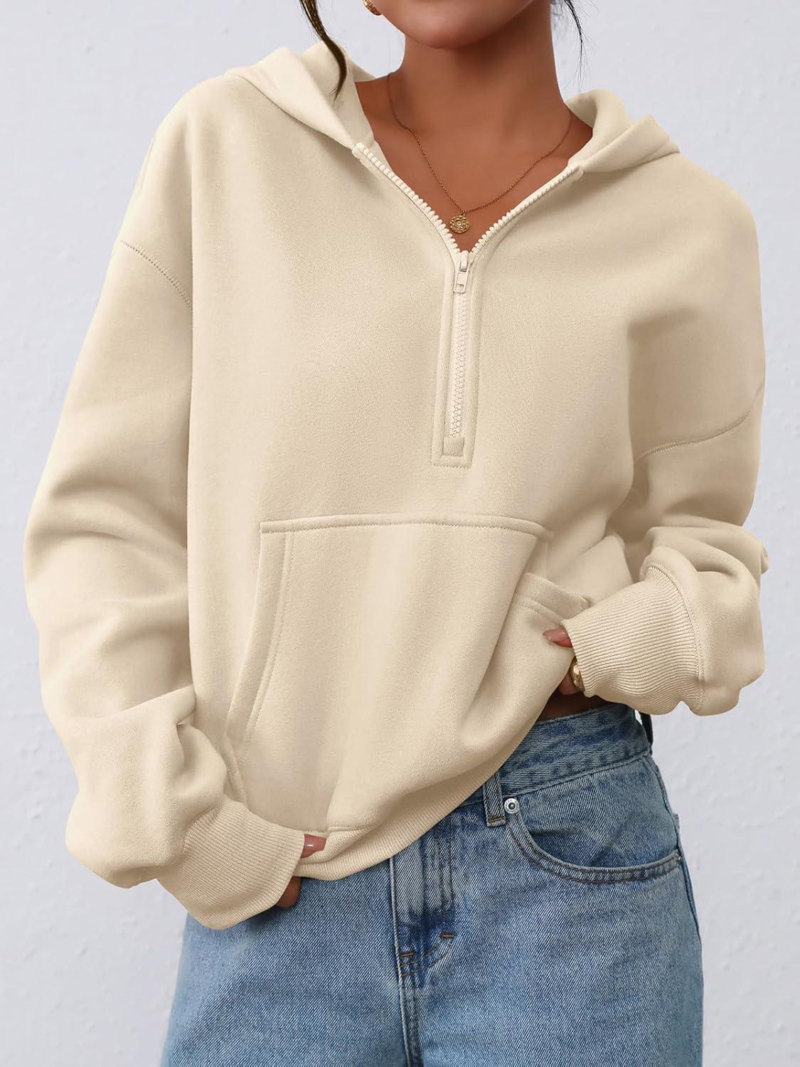 imagePRETTYGARDEN Womens Half Zip Up Hoodies 2025 Fall Long Sleeve Cropped Pullover Oversized Sweatshirt Fashion Y2K ClothesBeige