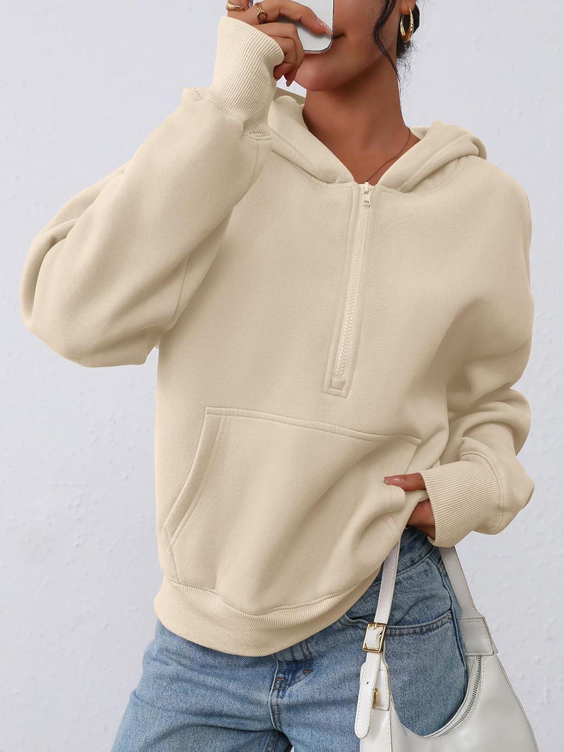 imagePRETTYGARDEN Womens Half Zip Up Hoodies 2025 Fall Long Sleeve Cropped Pullover Oversized Sweatshirt Fashion Y2K ClothesBeige