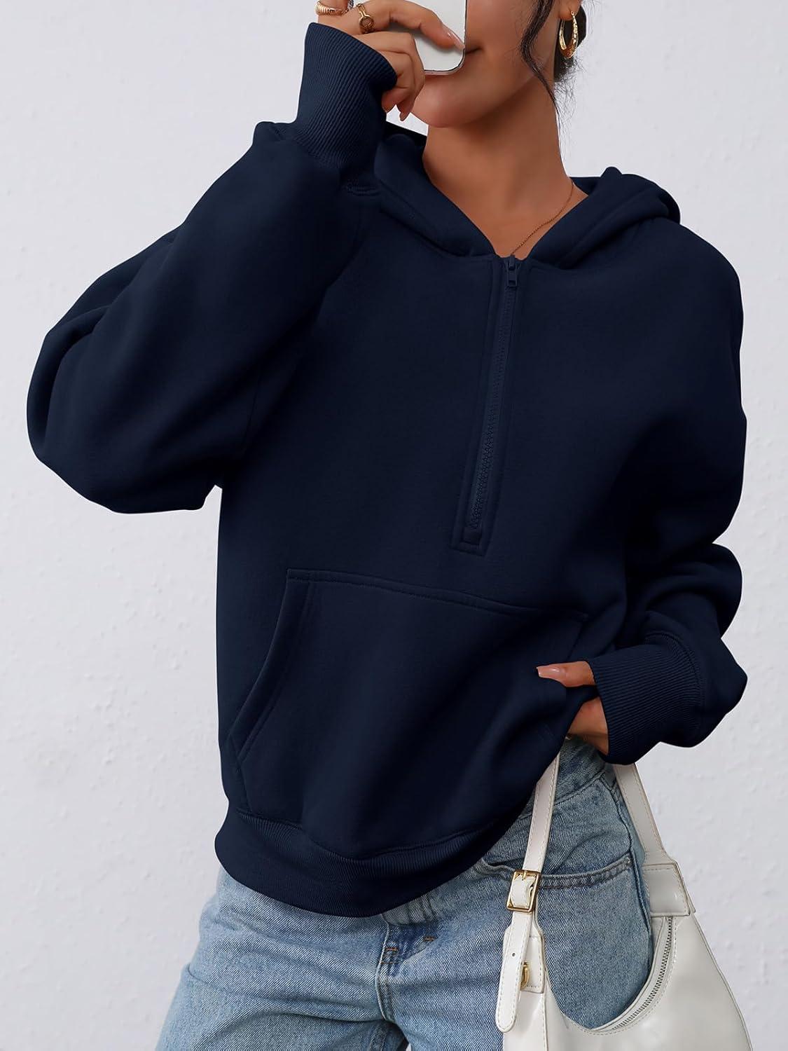 imagePRETTYGARDEN Womens Half Zip Up Hoodies 2025 Fall Long Sleeve Cropped Pullover Oversized Sweatshirt Fashion Y2K ClothesNavy
