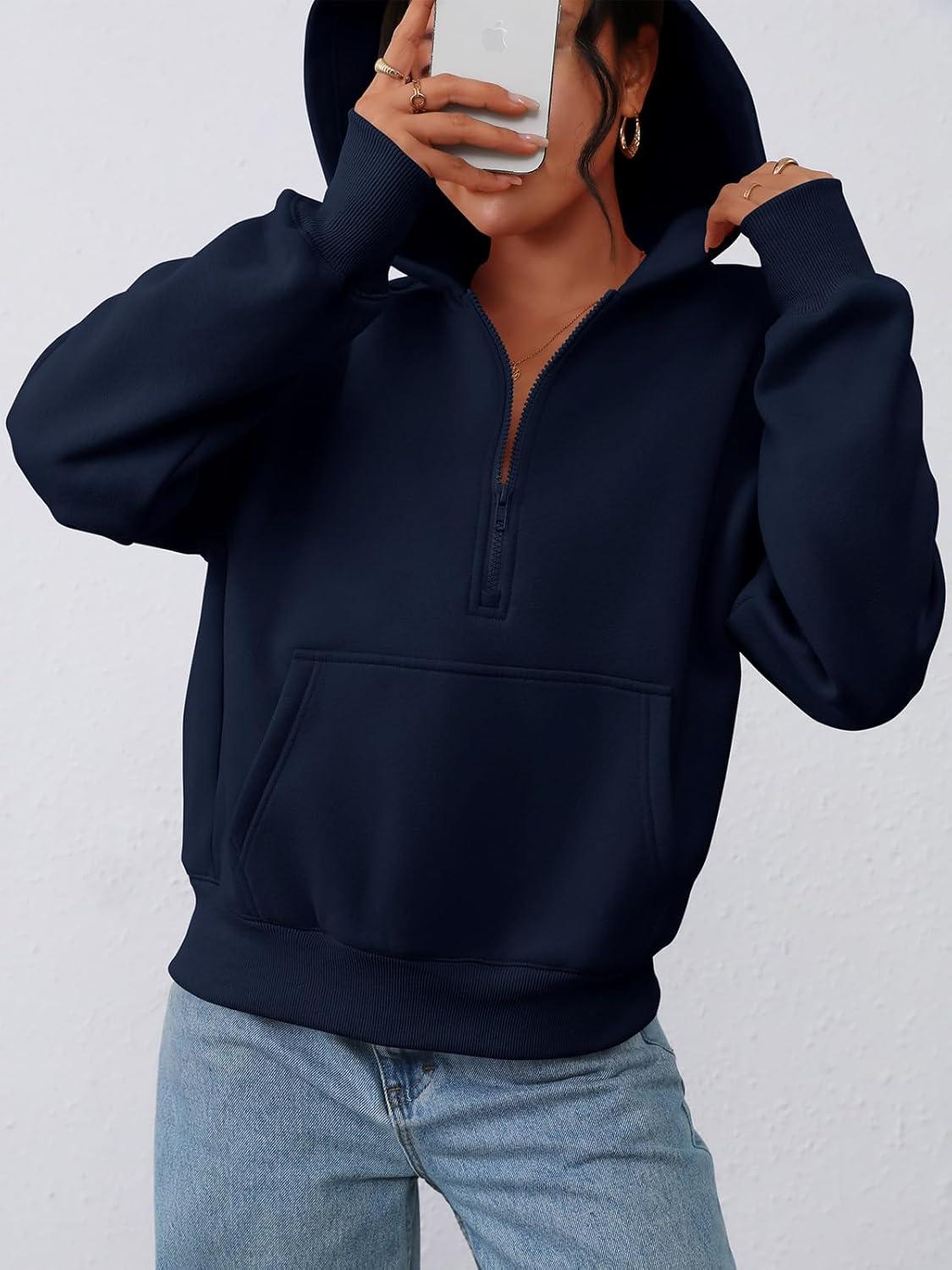 imagePRETTYGARDEN Womens Half Zip Up Hoodies 2025 Fall Long Sleeve Cropped Pullover Oversized Sweatshirt Fashion Y2K ClothesNavy