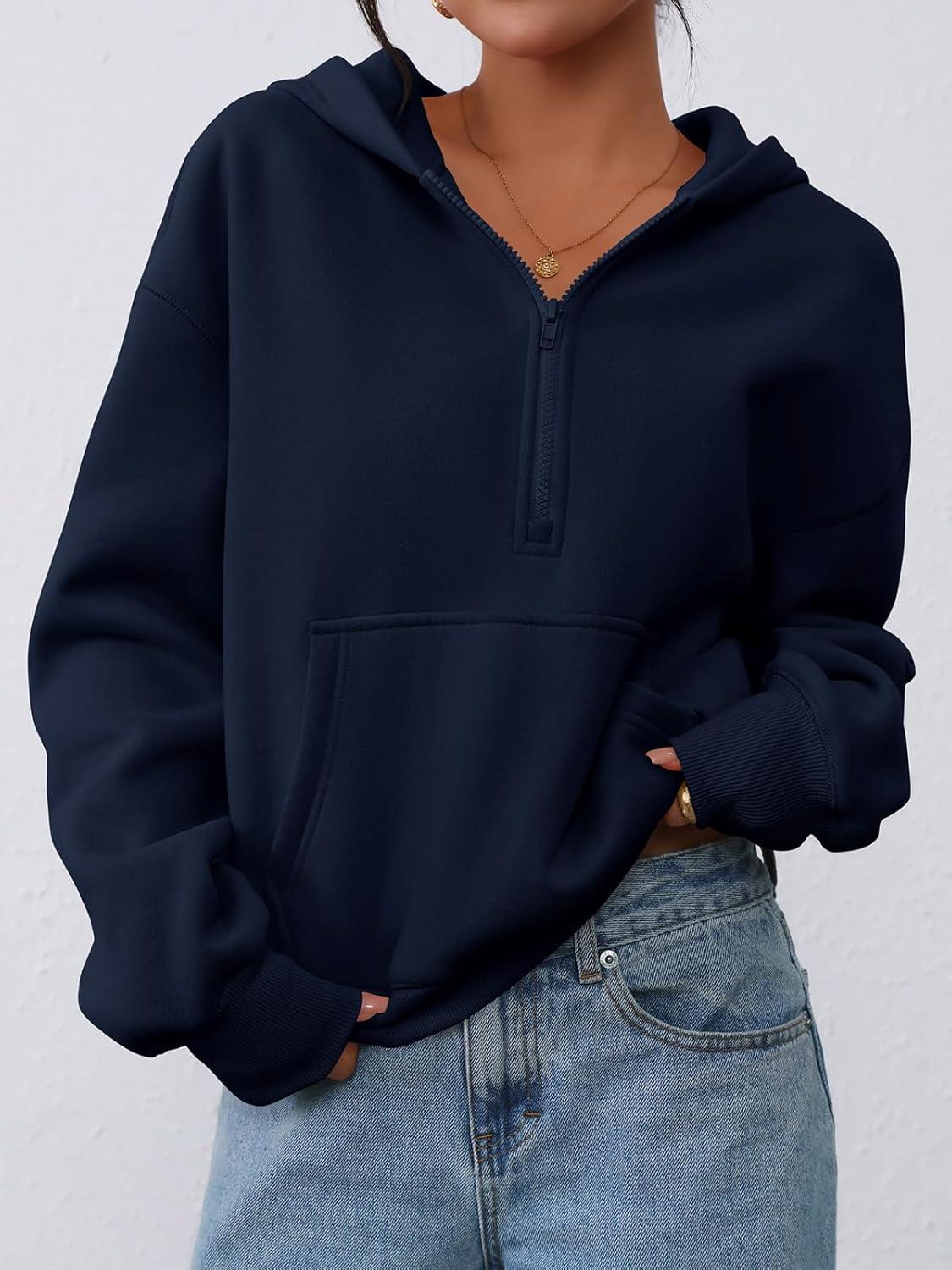 imagePRETTYGARDEN Womens Half Zip Up Hoodies 2025 Fall Long Sleeve Cropped Pullover Oversized Sweatshirt Fashion Y2K ClothesNavy