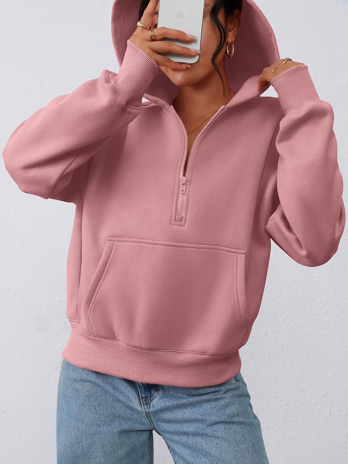 imagePRETTYGARDEN Womens Half Zip Up Hoodies 2025 Fall Long Sleeve Cropped Pullover Oversized Sweatshirt Fashion Y2K ClothesPink