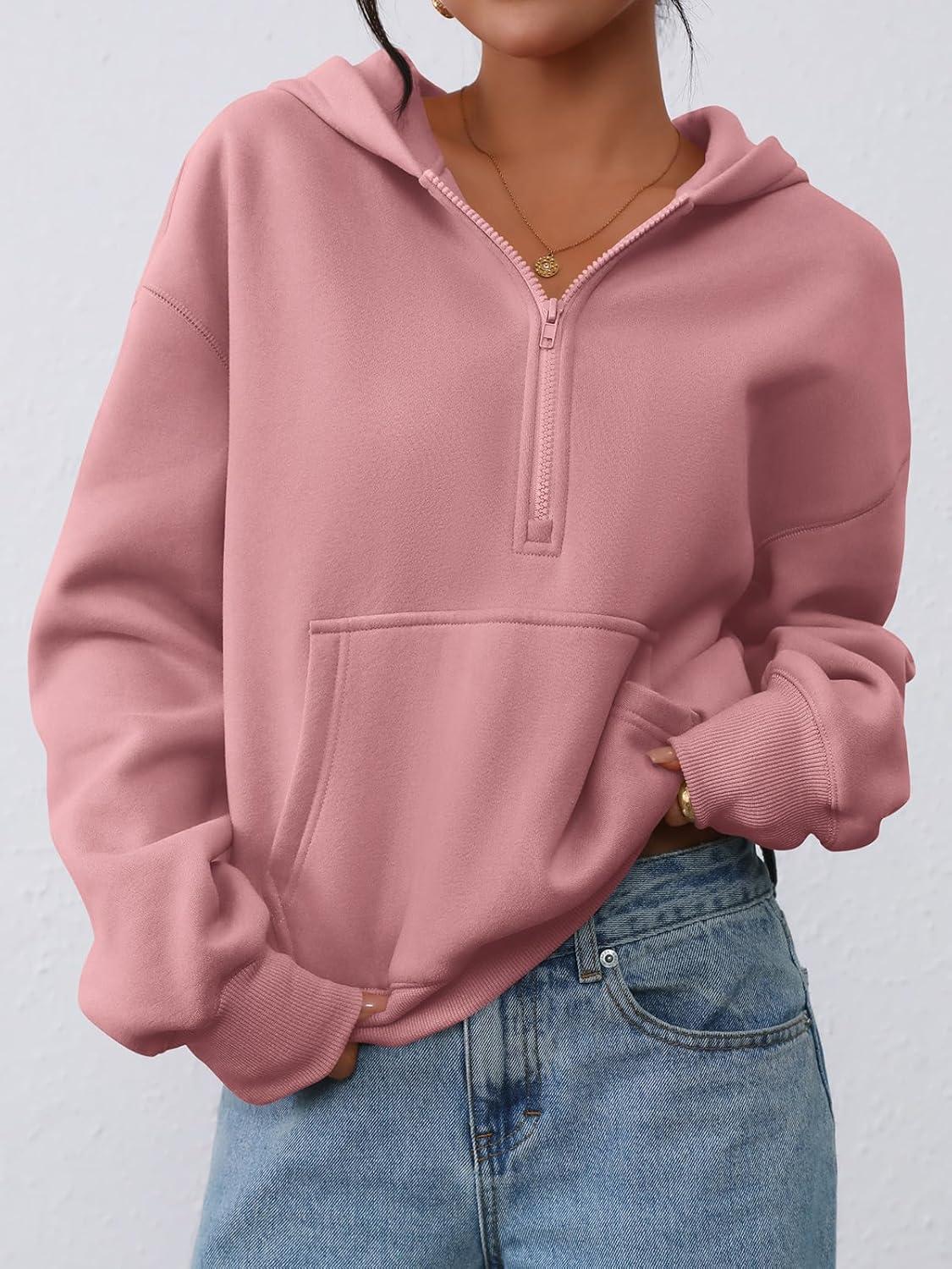 imagePRETTYGARDEN Womens Half Zip Up Hoodies 2025 Fall Long Sleeve Cropped Pullover Oversized Sweatshirt Fashion Y2K ClothesPink