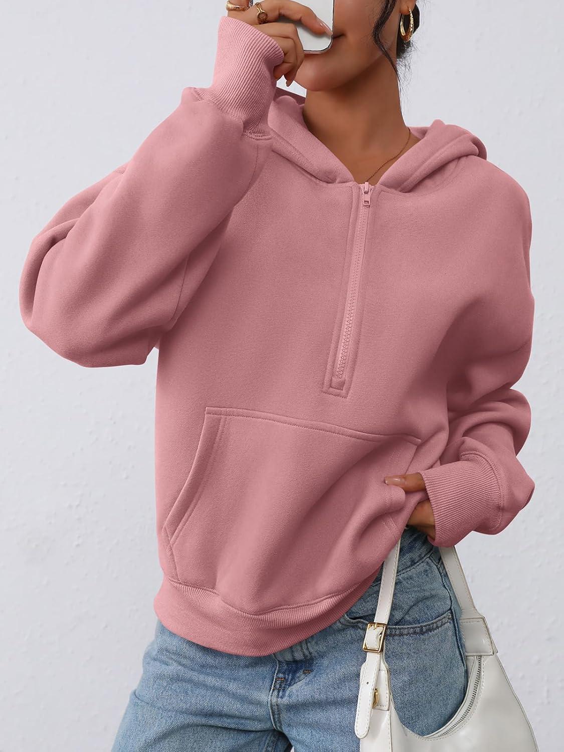 imagePRETTYGARDEN Womens Half Zip Up Hoodies 2025 Fall Long Sleeve Cropped Pullover Oversized Sweatshirt Fashion Y2K ClothesPink