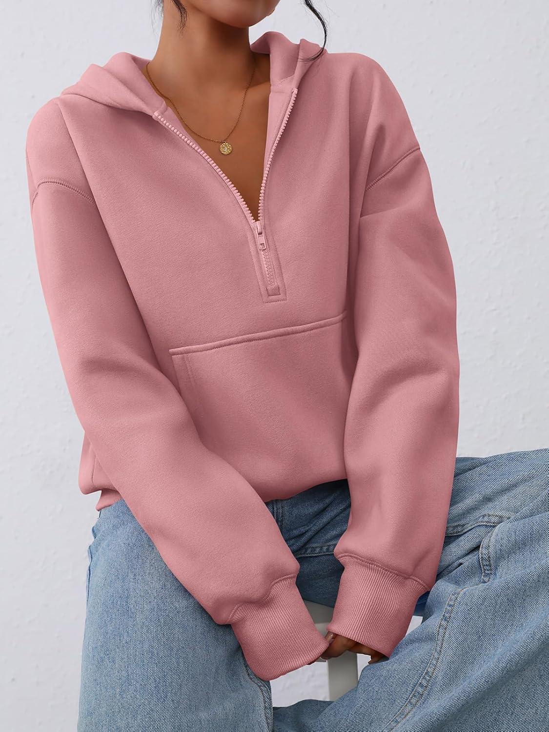 imagePRETTYGARDEN Womens Half Zip Up Hoodies 2025 Fall Long Sleeve Cropped Pullover Oversized Sweatshirt Fashion Y2K ClothesPink