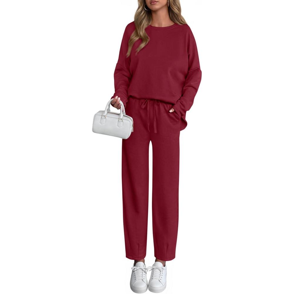 imagePRETTYGARDEN Womens 2 Piece Matching Lounge Sets 2025 Fall Long Sleeve Boatneck Sweatsuit Drawstring Sweatpants PocketsBurgundy