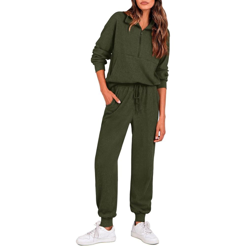 imagePRETTYGARDEN Womens Fall 2 Piece Lounge Sets Zip Up Sweatshirt Jogger Pants Sweat Track Suits Travel Outfit Winter ClothingArmy Green
