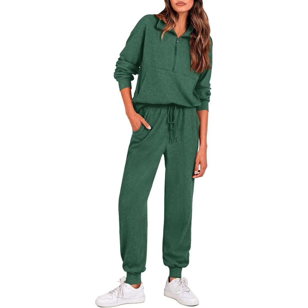 imagePRETTYGARDEN Womens Fall 2 Piece Lounge Sets Zip Up Sweatshirt Jogger Pants Sweat Track Suits Travel Outfit Winter ClothingDark Green