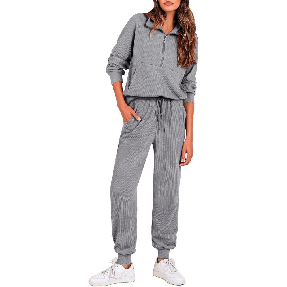 imagePRETTYGARDEN Womens Fall 2 Piece Lounge Sets Zip Up Sweatshirt Jogger Pants Sweat Track Suits Travel Outfit Winter ClothingGrey