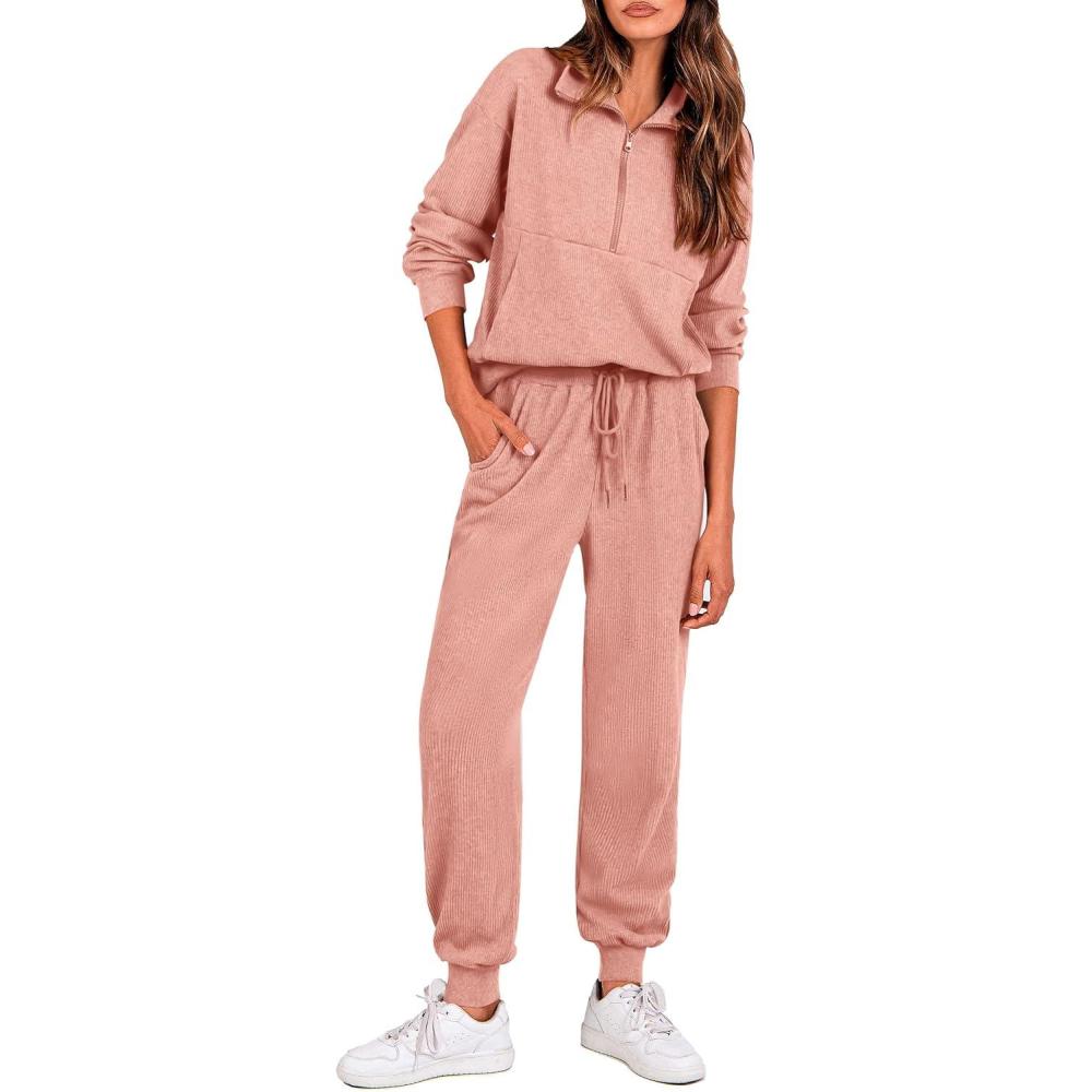 imagePRETTYGARDEN Womens Fall 2 Piece Lounge Sets Zip Up Sweatshirt Jogger Pants Sweat Track Suits Travel Outfit Winter ClothingPink