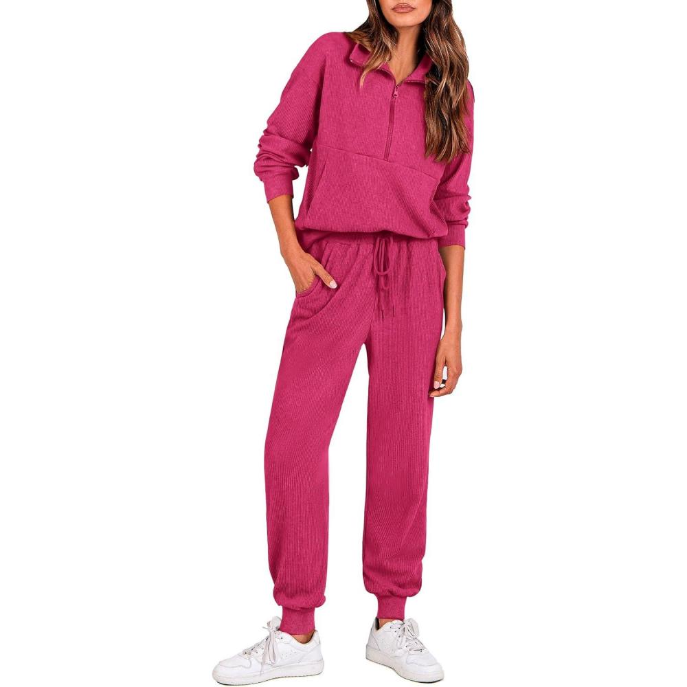 imagePRETTYGARDEN Womens Fall 2 Piece Lounge Sets Zip Up Sweatshirt Jogger Pants Sweat Track Suits Travel Outfit Winter ClothingRose Red