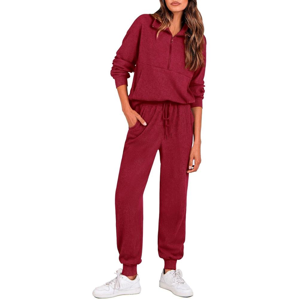 imagePRETTYGARDEN Womens Fall 2 Piece Lounge Sets Zip Up Sweatshirt Jogger Pants Sweat Track Suits Travel Outfit Winter ClothingWine Red