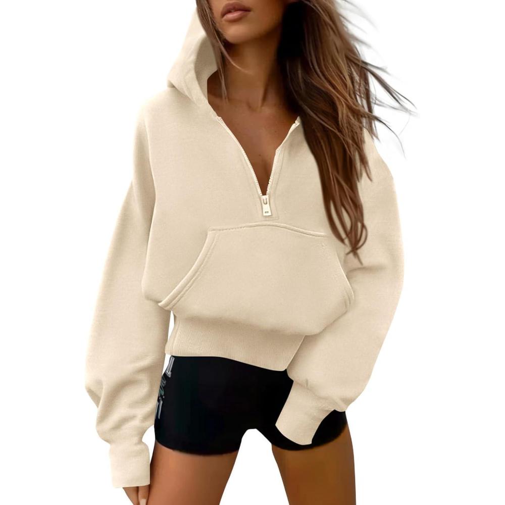 imagePRETTYGARDEN Womens Half Zip Up Hoodies 2025 Fall Long Sleeve Cropped Pullover Oversized Sweatshirt Fashion Y2K ClothesBeige