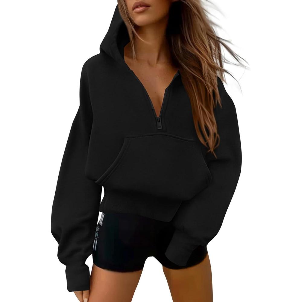 imagePRETTYGARDEN Womens Half Zip Up Hoodies 2025 Fall Long Sleeve Cropped Pullover Oversized Sweatshirt Fashion Y2K ClothesBlack