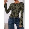imagePRETTYGARDEN Women Long Sleeve Floral Mesh Tops Blouse 2025 Fall Trendy Boat Neck Ruched Fitted Shirt Going Out Date OutfitsArmy Green