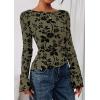 imagePRETTYGARDEN Women Long Sleeve Floral Mesh Tops Blouse 2025 Fall Trendy Boat Neck Ruched Fitted Shirt Going Out Date OutfitsArmy Green