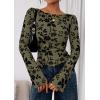 imagePRETTYGARDEN Women Long Sleeve Floral Mesh Tops Blouse 2025 Fall Trendy Boat Neck Ruched Fitted Shirt Going Out Date OutfitsArmy Green